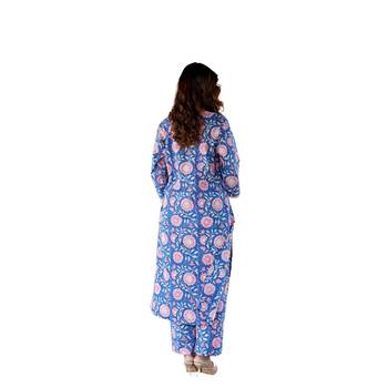 Blue side slits straight floral print pure cotton zaal kurta 2