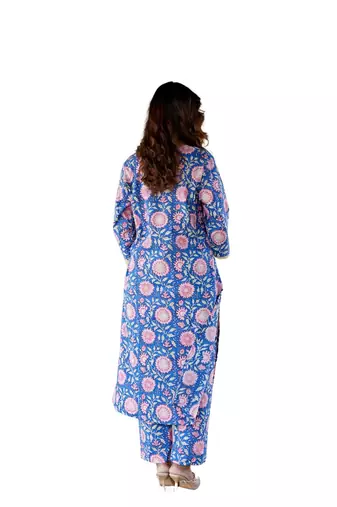 Blue side slits straight floral print pure cotton zaal kurta