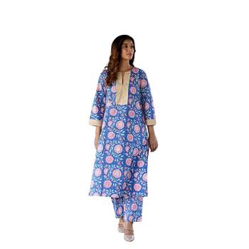 Blue side slits straight floral print pure cotton zaal kurta 3