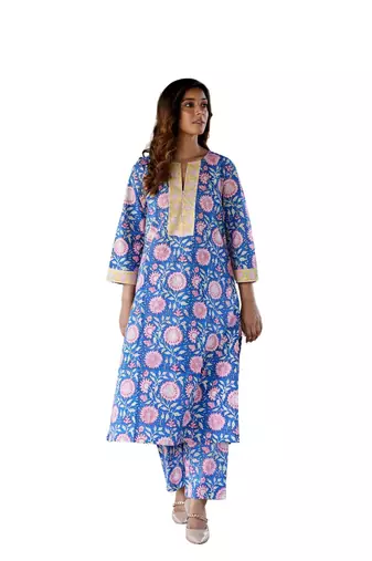 Blue side slits straight floral print pure cotton zaal kurta