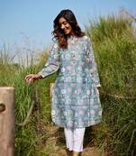 blue side slits straight floral print chanderi silk blend kurta