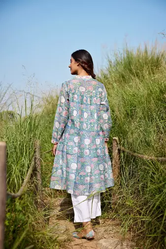 blue side slits straight floral print chanderi silk blend kurta