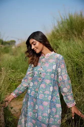 blue side slits straight floral print chanderi silk blend kurta