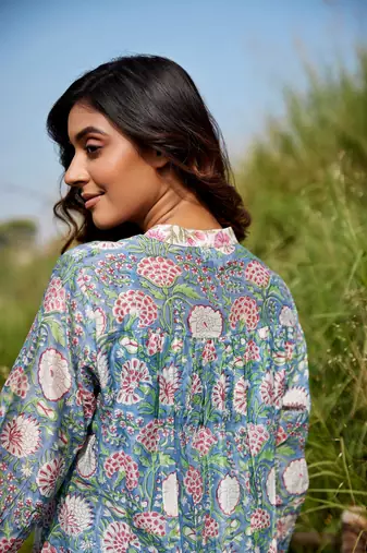 blue side slits straight floral print chanderi silk blend kurta