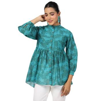 Cotton front button cuff sleeves deer printed neck top 1