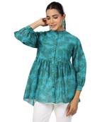 Cotton front button cuff sleeves deer printed neck top