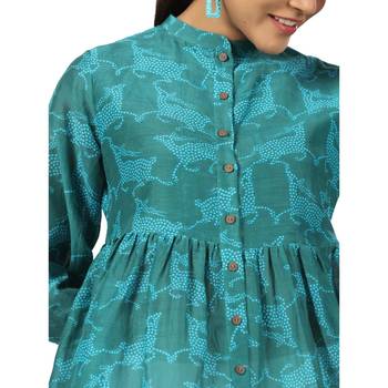 Cotton front button cuff sleeves deer printed neck top 2