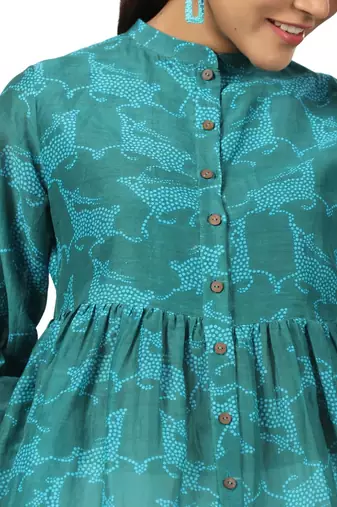 Cotton front button cuff sleeves deer printed neck top