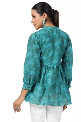 Cotton front button cuff sleeves deer printed neck top