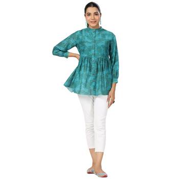 Cotton front button cuff sleeves deer printed neck top 4