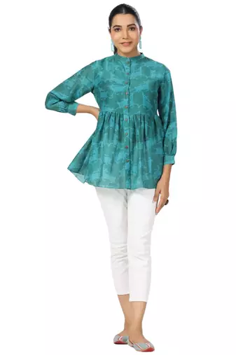 Cotton front button cuff sleeves deer printed neck top