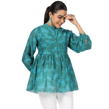 Cotton front button cuff sleeves deer printed neck top 5