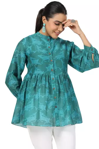 Cotton front button cuff sleeves deer printed neck top