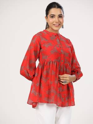Red cotton front button cuff sleeves deer printed neck top 1