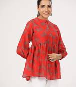 Red cotton front button cuff sleeves deer printed neck top