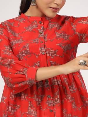 Red cotton front button cuff sleeves deer printed neck top 2