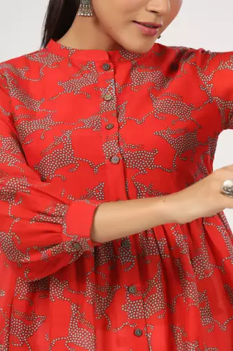 Red cotton front button cuff sleeves deer printed neck top