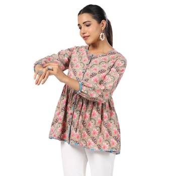 Multicolor front button floral printed cotton top 1