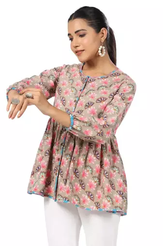 Multicolor front button floral printed cotton top