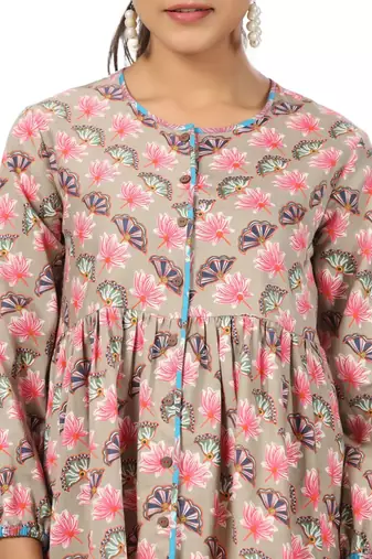 Multicolor front button floral printed cotton top