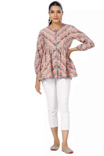 Multicolor front button floral printed cotton top