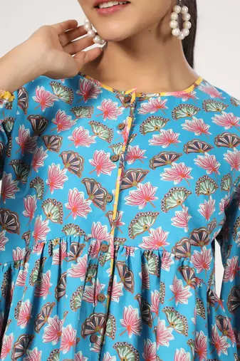 Multicolor front button floral printed cotton top