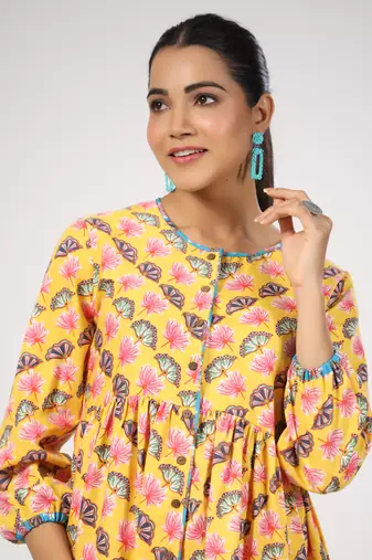 Multicolor front button floral printed cotton top