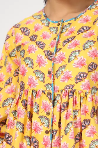 Multicolor front button floral printed cotton top