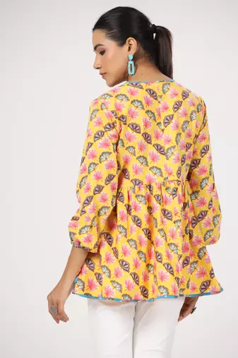 Multicolor front button floral printed cotton top