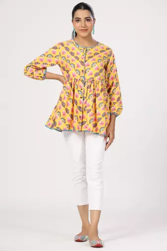 Multicolor front button floral printed cotton top