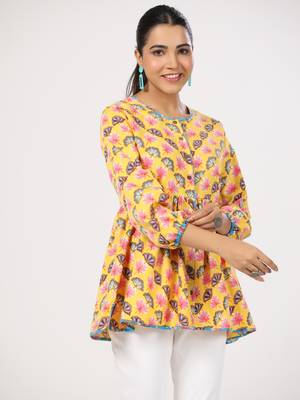 Floral printed cotton front button 3/4th sleeve regular top 1