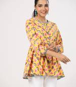 Floral printed cotton front button 3/4th sleeve regular top