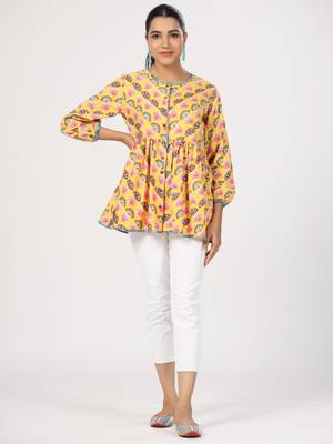 Floral printed cotton front button 3/4th sleeve regular top 5