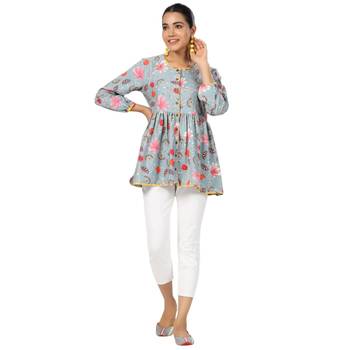 Floral printed cotton front button 3/4th sleeve regular top 1