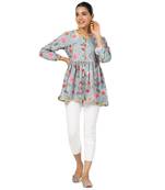 Floral printed cotton front button 3/4th sleeve regular top
