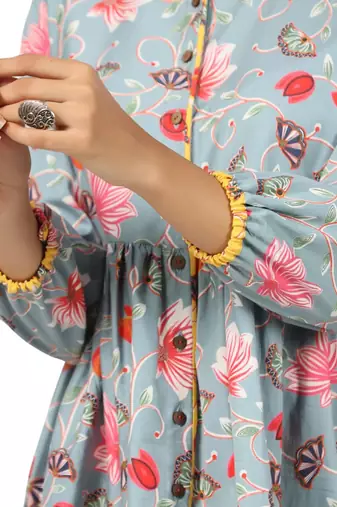 Floral printed cotton front button 3/4th sleeve regular top
