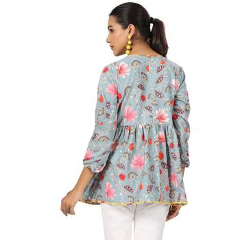 Floral printed cotton front button 3/4th sleeve regular top 3