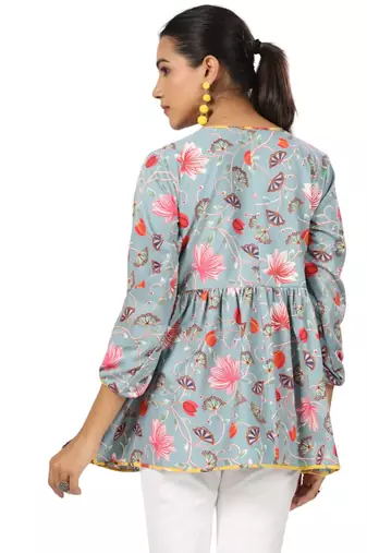 Floral printed cotton front button 3/4th sleeve regular top