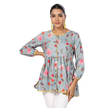 Floral printed cotton front button 3/4th sleeve regular top 4