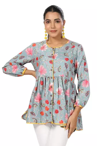Floral printed cotton front button 3/4th sleeve regular top