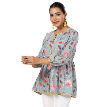 Floral printed cotton front button 3/4th sleeve regular top 5