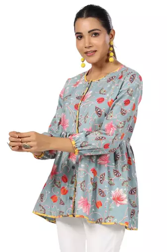 Floral printed cotton front button 3/4th sleeve regular top