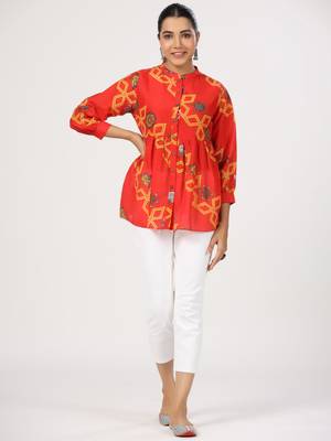 Floral printed cotton front button 3/4th sleeve regular top 1