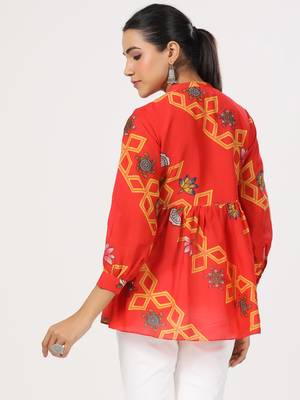 Floral printed cotton front button 3/4th sleeve regular top 2