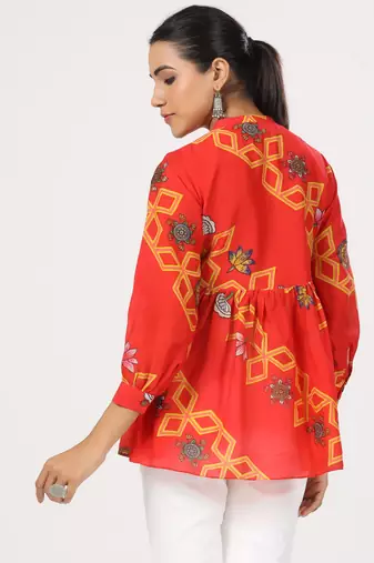 Floral printed cotton front button 3/4th sleeve regular top