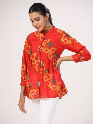 Floral printed cotton front button 3/4th sleeve regular top 3