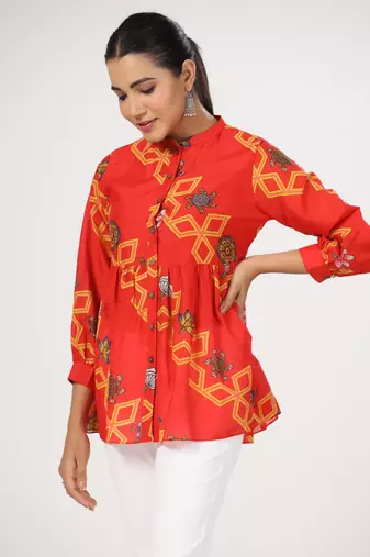 Floral printed cotton front button 3/4th sleeve regular top