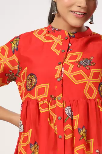 Floral printed cotton front button 3/4th sleeve regular top