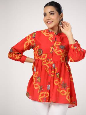 Floral printed cotton front button 3/4th sleeve regular top 5