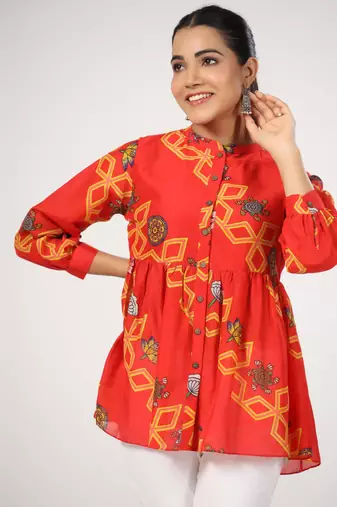 Floral printed cotton front button 3/4th sleeve regular top